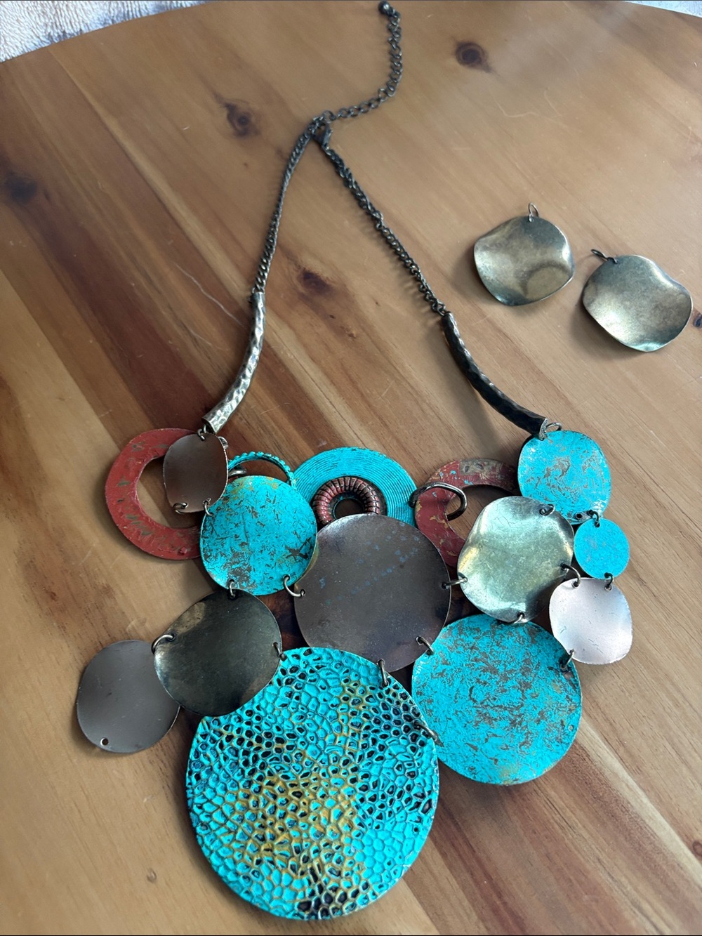 Turquoise and Antique Gold Multi-Disc Necklace with Earrings